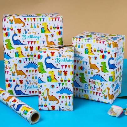 1卷彩色恐龙主题礼品包装纸，适用于生日派对、节日礼物、派对小礼品和节日礼品包装