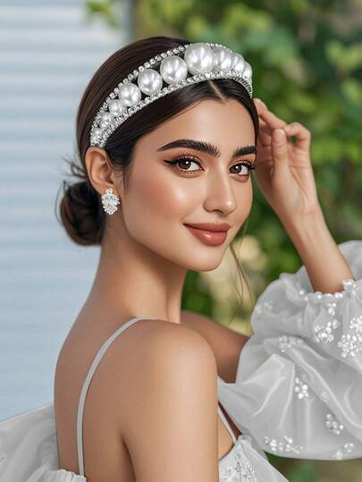 1pc Elegant White Pearl Headband With Shiny Rhinestones, Princess Style, Suitable For Bride, Wedding, Celebration, Date, Party, Casual Wear