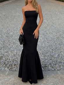 Đầm maxi dáng đuôi cá không dây vai thanh lịch dành cho nữ, kiểu dáng ôm sát, hở lưng, vạt đuôi cá, thích hợp cho các buổi tiệc tối trang trọng. - màu đen - Xem 3