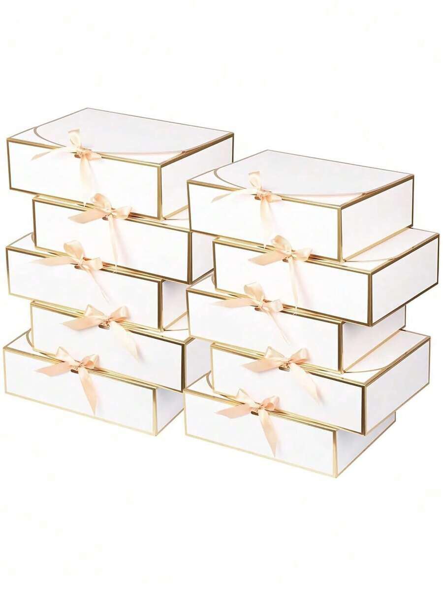 10pcs White Edged Gift Boxes, 10.6 X 7.8 X 3.1 Inches (27 X 20 X 8 Cm) Bridesmaid Proposal Boxes With Ribbon, Covered Gift Boxes For Mother's Day, Wedding, Birthday Party, Anniversary