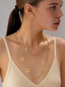 Set de 4 piezas de aretes y collar minimalista de trébol hueco de moda, adecuado para fiestas y ocasiones formales de mujeres - Dorado - Ver 7