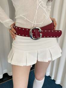 1pc Women's Red PU Material Street Style Double Row Rivet Punk Solid Color Versatile Wide Waist Belt - Red - View 3