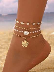 4pcs/Set Elegant Versatile Multi-Layer Gold Tone Shell & Flower Pendant Anklet, Suitable For Daily Wear, Dates, Gatherings, Beach Vacations. Handmade Chain Can Be Customized To Desired Length - Gold - View 1