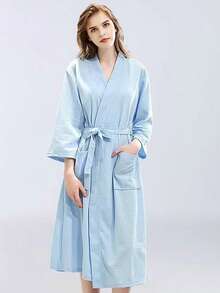 女士轻盈全长睡袍，华夫格和服浴袍 - 轻盈、柔软、快干、耐用的棉混纺男女通用 - 彩色 - 查看 10