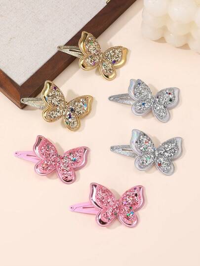 6pcs/Set Colorful Glitter Butterfly Hair Clips Set, Suitable For Daily Decoration