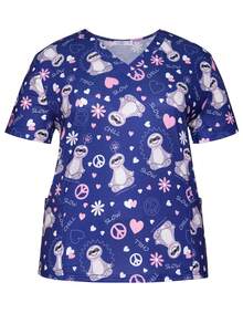 Plus Size Women's Cartoon Sloth V-Neck Short Sleeve Nurse Uniform Top With Pockets, Spring/Summer - Blue - View 3