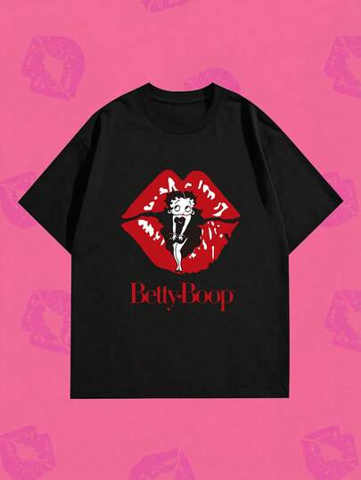 Whysmera SHEIN X Betty Boop 夏季女士印花短袖T恤，大胆的红色嘴唇卡通人物圆领上衣，日常穿搭，前卫复古的Pinup美学休闲风格基础款T恤，黑色底色个性上衣，非常适合情人节约会、夜间派对、音乐节、夜店、街头风穿搭、大胆时尚宣言和日常个性穿搭。