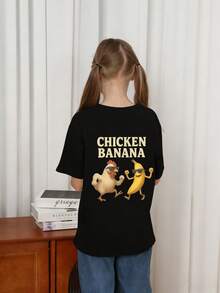 Tween Girls' Casual Funny Print Crew Neck Short Sleeve T-Shirt, Summer Top - Black - View 2