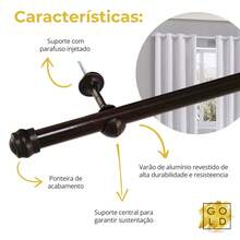 Varão de Cortina 2m 2 Metros 19mm Metal Para Sala Quarto Escritório Cozinha Kit Fácil Instalação - Marrom - Visão 2