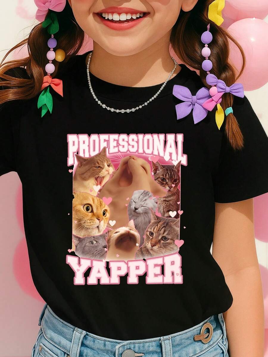 Camiseta negra profesional Yapper con collage de gatos para niñas/preadolescentes, bonita y adorable camiseta de algodón con estampado casual de Chaos, camiseta musical de Merch Gabriela, diseño adorable de orejas de conejo y huevos de colores, camisetas Six Seven MEME 67, celebración del Festival de Primavera, camisetas negras con temática de gatos, colección vintage de rap y hip-hop, ropa urbana Y2K para fans de chicas, el mejor regalo de Pascua para niños y familia, camisetas bonitas de primavera para niñas preadolescentes - Collage de gatos, camiseta para niñas preadolescentes y jóvenes, estilo urbano Y2K con lazo rosa vintage, camiseta informal y cómoda de algodón con cuello redondo, ropa de conejo de Pascua. - Negro - Ver 1