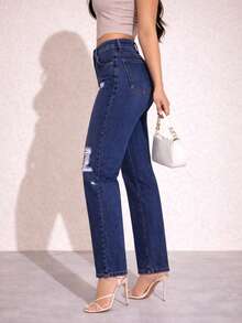 Jeans mujer tiro alto recto rasgado mezclilla casual urbano slim fit - Azul lavado oscuro - Ver 2