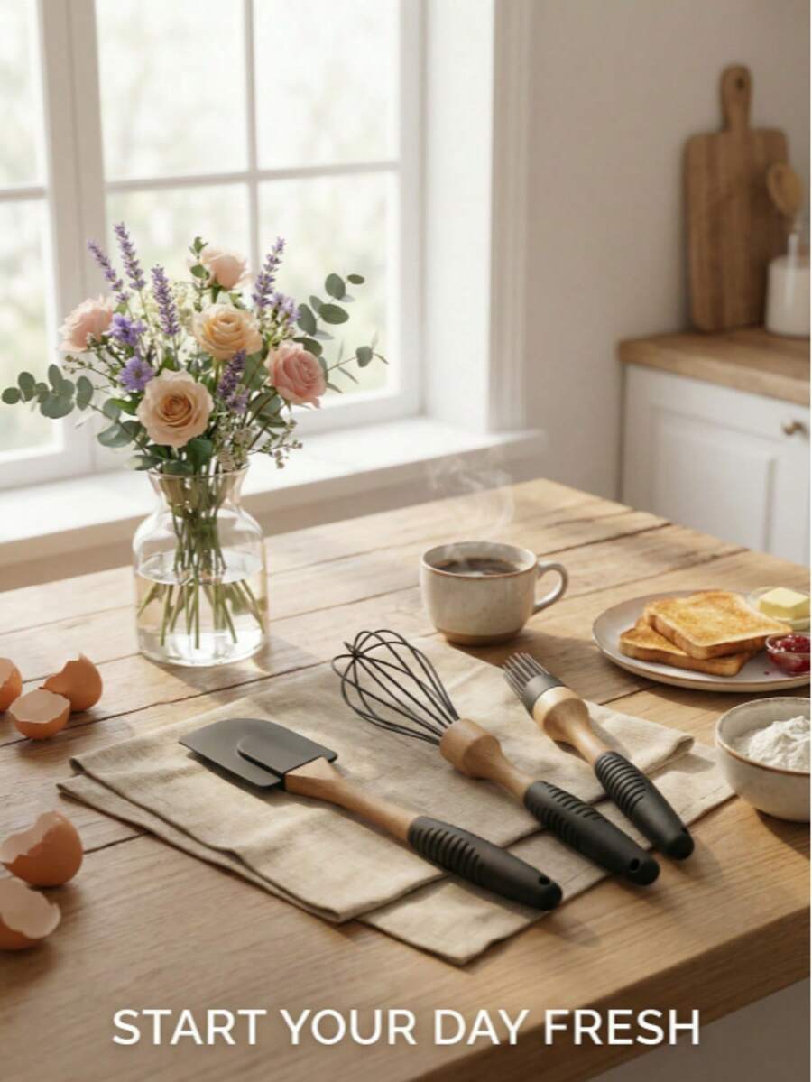 3pcs High-Quality Cooking Tool Set, Including Silicone Spatula, Whisk And Basting Brush. Made Of Heat-Resistant Materials With Diverse Wooden Handles. Non-Slip Grip Area For Stable Operation. Scratch-Resistant And For Cookware. Suitable For Frying, Stir-Frying And Baking In The Kitchen. All-In-One Kitchen Utensil Set. - View 1