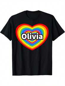Camiseta 'I Love Olivia' 100% Algodón - Suave y Transpirable, Negra con Diseño de Corazón Arcoíris, Cuello Redondo de Ajuste Cómodo para Uso Casual - Negro - Ver 1