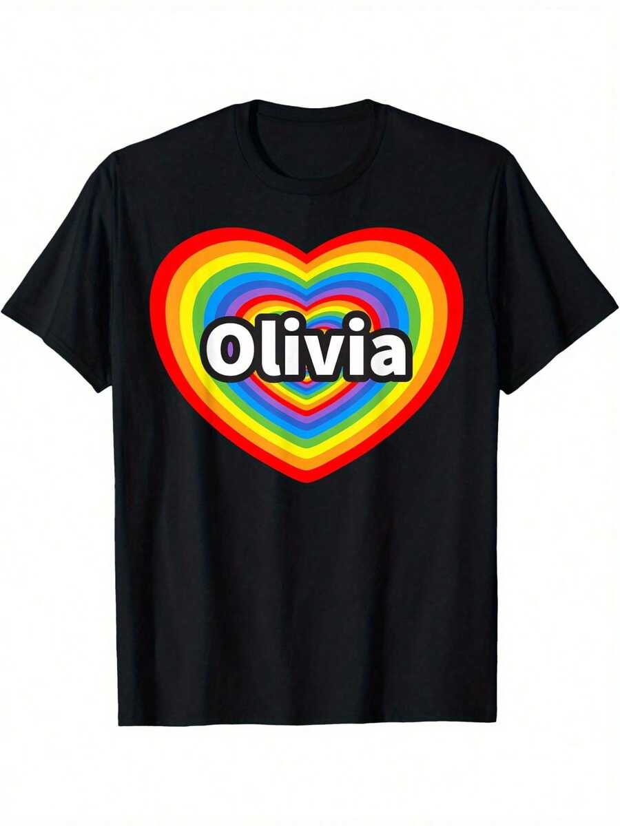 Camiseta 'I Love Olivia' 100% Algodón - Suave y Transpirable, Negra con Diseño de Corazón Arcoíris, Cuello Redondo de Ajuste Cómodo para Uso Casual - Negro - Ver 1