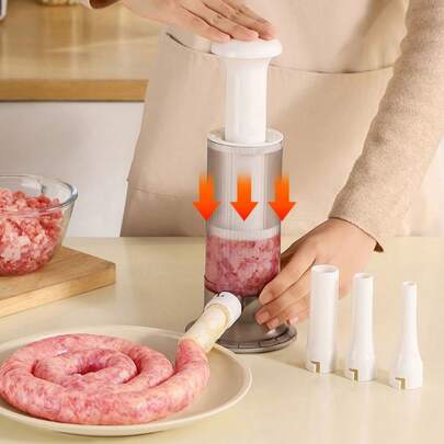 1pc Manual Sausage Making Machine, Equipped With 4 Different Types Of Filling Nozzles - Manual Pressing Type Sausage Filler, Household Kitchen Sausage Filling Tool, Durable Plastic Meat Processor, For Homemade Sausages, No Charging Required For Operation, Simple Operation And Easy Cleaning. Available In Two Colors