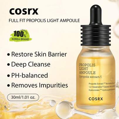 COSRX 30毫升蜂胶安瓶，轻盈精华质地，不粘腻，快速吸收，深层补水，舒缓修护，提亮肤色，韩国化妆品