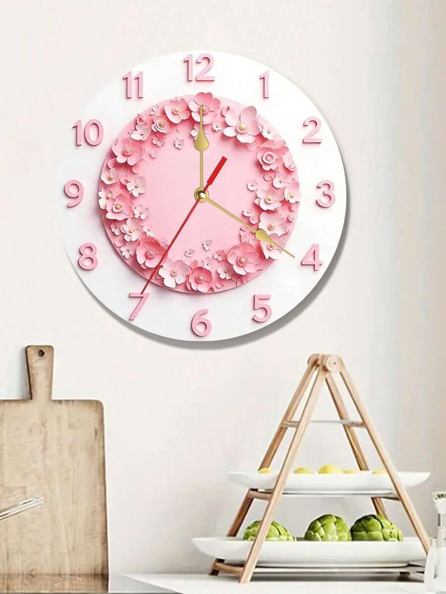 1pc 2D Butterfly Heart Shaped Silent Wall Clock - 10/12 Inch Round Wooden Pink Floral Blue Butterfly Theme Silent Wall Clock, Green Large Wall Clock, Lab Butterfly Wall Clock, Living Room Wall Clock - A - View 1