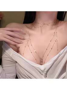 奢华金色水钻身体链，性感胸链+多层项链套装，派对晚宴内衣配饰 - 銀色 - 查看 2