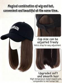 Synthetic 12-Inch Winter Integrated Baseball Cap, Cold-Resistant Wig Hat, Brownish Black Medium-Long Straight Hair With Black Cap, Adjustable, For Women - Multicolor - View 5