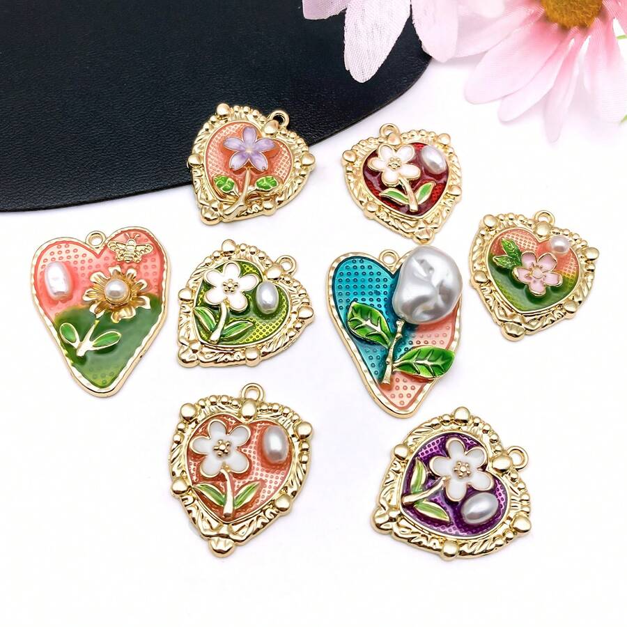 2/8pcs Elegant Flower Enamel Charms Flower Heart Necklaces Pendants Earrings Charms For Jewelry Making Bracelets Necklaces Earrings Keychains DIY Crafts
