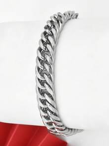 1 pieza Pulsera de cadena ancha de acero inoxidable de 1,2 cm de ancho para hombre, estilo punk de metal - Plateado - Ver 1