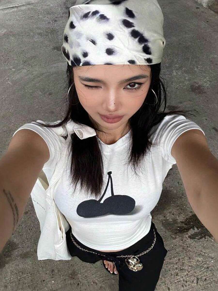 Áo thun nữ cổ tròn tay ngắn kiểu Mỹ, họa tiết quả anh đào mới, thời trang mùa hè, dáng ôm, áo crop top casual màu trắng. - trắng - Xem 1