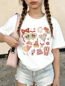 Disney Summer Tops,Disneyland Graphic Tee, Perfect For Cute Girls. Teen Girl Gift,Comfortable And Breathable Children's Short-Sleeved T-Shirt. 180g Pure Cotton Children's Clothes,Suitable For Both Boys And Girls.Suitable For Daily Wear, Vacations, Outdoor Activities, And As A Children's Gift. - 白色 - 查看 3