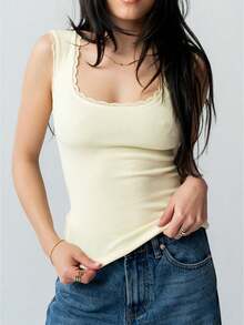 Women Square Neck Lace Trim Tank Top Y2k Ribbed Knit Slim Fit Camisole Crop Top Sexy Fitted Sleeveless T-Shirts Going Out Streetwear - 淡黃色 - 查看 1