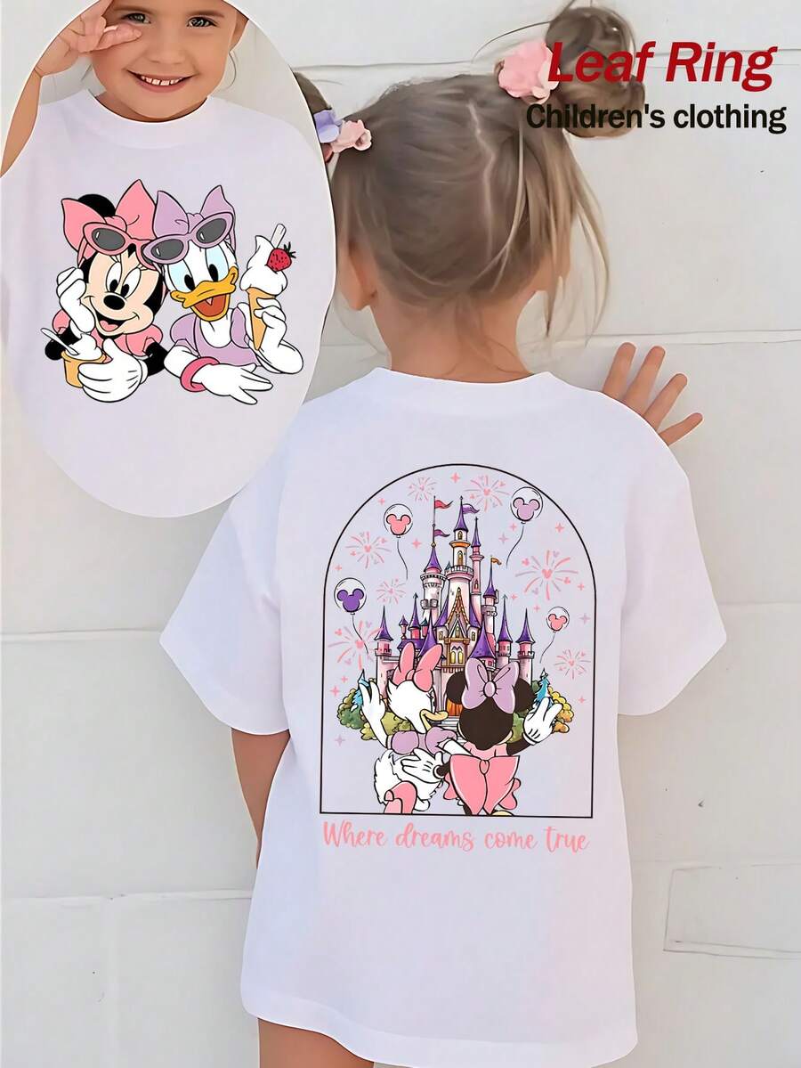 Summer Tops,Disneyland And Daisy Double-Sided Print Graphic Tee, Perfect For Cute Girls. Teen Girl Gift,Comfortable And Breathable Children's Short-Sleeved T-Shirt. 180g Pure Cotton Children's Clothes,Suitable For Both Boys And Girls.Suitable For Daily Wear, Vacations, Outdoor Activities, And As A Children's Gift. - trắng - Xem 1