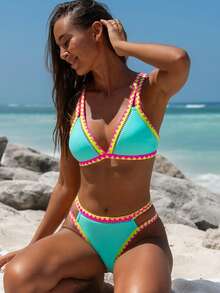 popvil Bộ bikini tam giác màu tím có dây quai bên hông và viền vỏ sò - Màu xanh nhạt - Xem 6