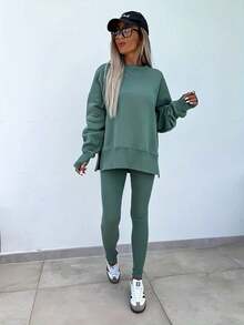 Women's 2 Piece Loungewear Set, Oversized Pullover And High Stretch Leggings, Versatile Spring Outfit For Home, Travel And Casual Outings - xanh quân đội - Xem 3