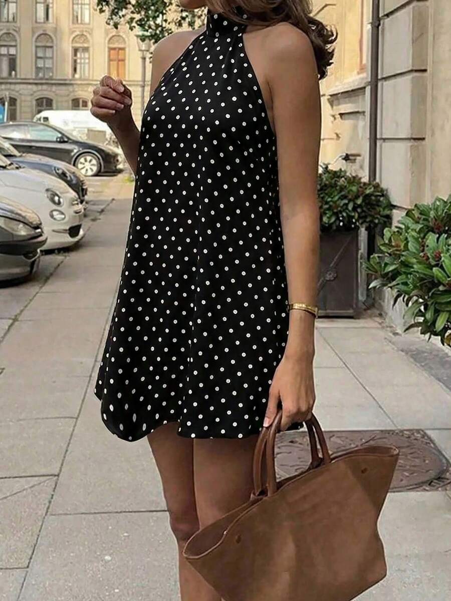Look Polly 女士夏季露背波点吊带衫，简约系带露背设计，性感露背系带上衣，适合海滩、度假、约会、聚会等场合。 - 黑色 - 查看 1