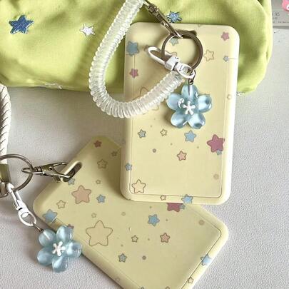 1 Set K-Pop Photo Card Holder, PC Card Case K-Pop ID Holder, With Keychain And Blue Floral Charm Hard Shell Photo Protector (Yellow)