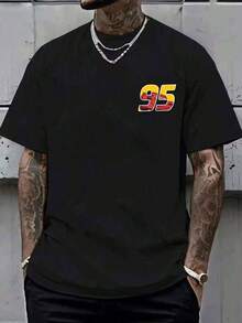 Disney Lightning McQueen #95 Teeth Graphic Men's T-Shirt From The Cars Franchise. Casual, Loose-Fitting Crew Neck Short-Sleeved T-Shirt, Unisex, Comfortable, Soft, And Versatile, Suitable For Everyday Wear, Casual Outings, Racing, And More. - Black - View 2