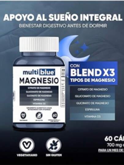 MULTIBLUE Magnesio Triple - 60 capsulas | Magnesio Complex con Citrato de Magnesio, Gluconato y Glicinato de Magnesio | Magnesio Glicinato con Espirulina y Vitamina D3 | Capsulas de 700mg Sin Gluten
