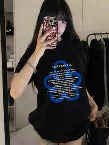 Nueva camiseta de manga corta con cuello redondo y estampado gráfico divertido, estilo petite de verano para mujeres Gen Z - Negro - Ver 3