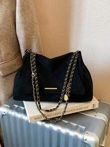 复古麂皮大容量手提包，新款时尚链条单肩包，多功能通勤托特包 - 黑色 - 查看 2