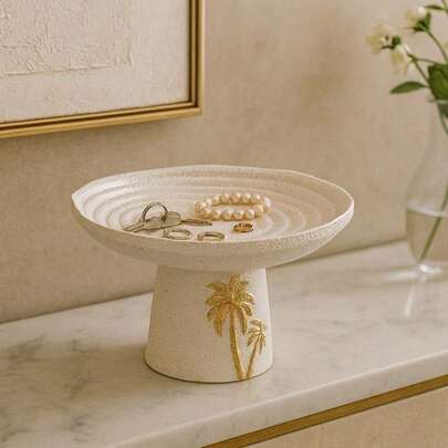 1pc Creative Resin Decorative Tray Indoor/Outdoor Tabletop Decoration Durable Dining Table Entryway Centerpiece Coconut Tree Pattern For Home Decor Living Room Office And Entryway Storage, Jewelry Trays
