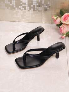 Soft Leather Square Toe Wide Strap Slide Sandals, Kitten Heel Flip Flops, Versatile Stilettos Thong Sandals For Women,Summer Outfits - Black - View 5
