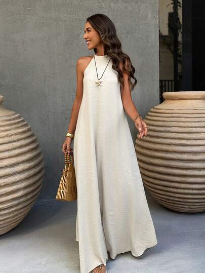 Apricot Sleeveless Linen Halter A-Line Dress, Casual Vacation Plus Size Dress, Spring/Summer