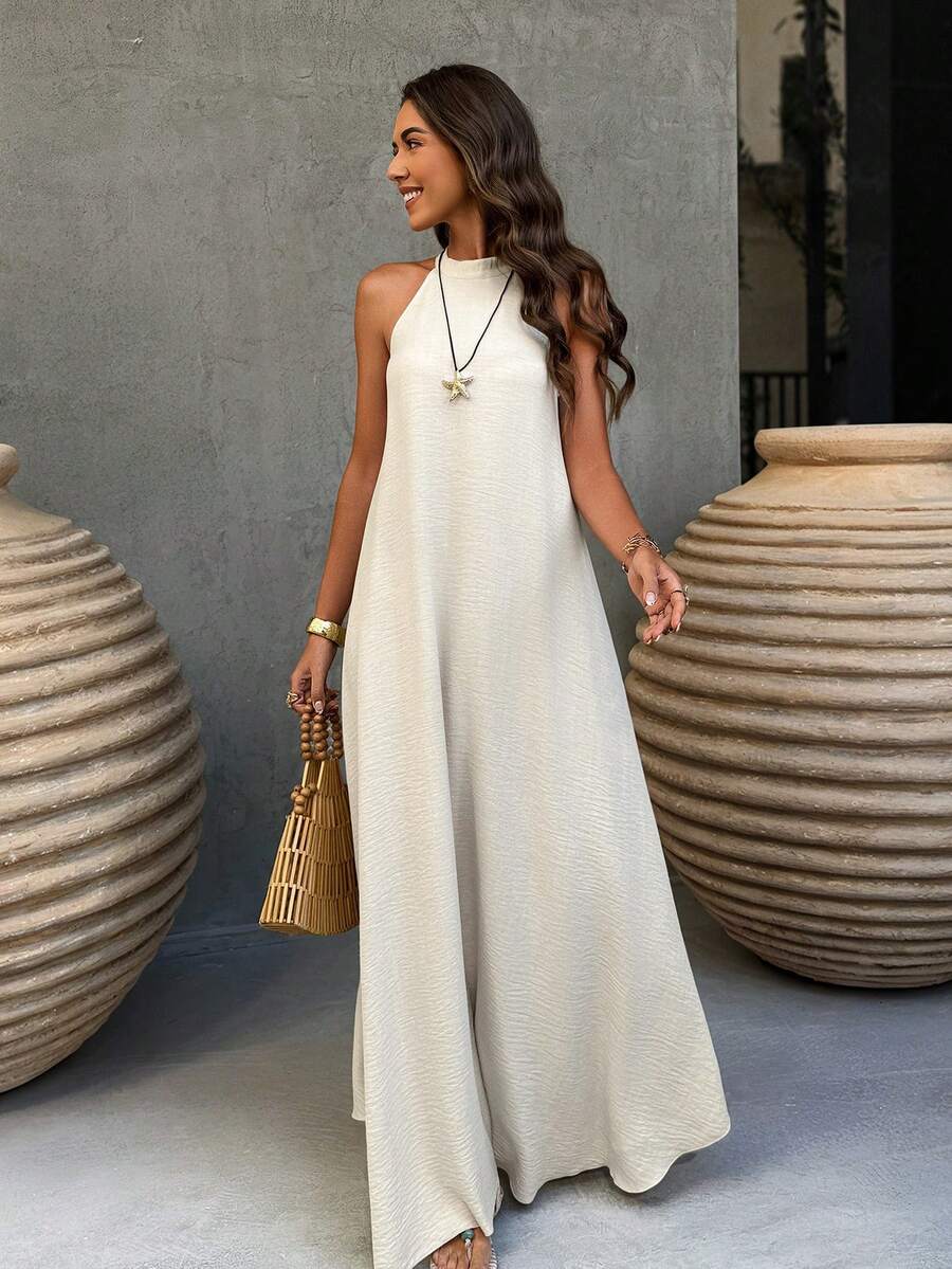 杏色无袖亚麻吊带A字连衣裙，休闲度假大码连衣裙，春夏派对优雅装扮 - 杏色 - 查看 1