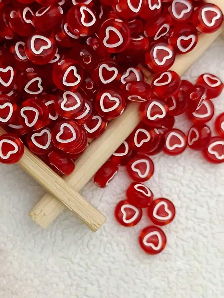 100-1000pcs Acrylic Heart Beads, Red With White Heart Pattern, For Jewelry Making, DIY Beading Crafts - Red and White Love Heart - View 1