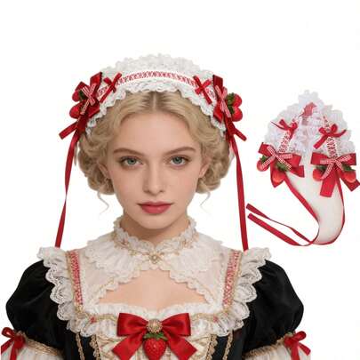 1pc Handmade Lace Trim Strawberry Hairband, Sweet And Cute Knitted Bow Strawberry Ice Cream Hair Accessory, Suitable For Girls' Cosplay, Maid Outfits, Lolita Costumes, Hair Hoop, Red