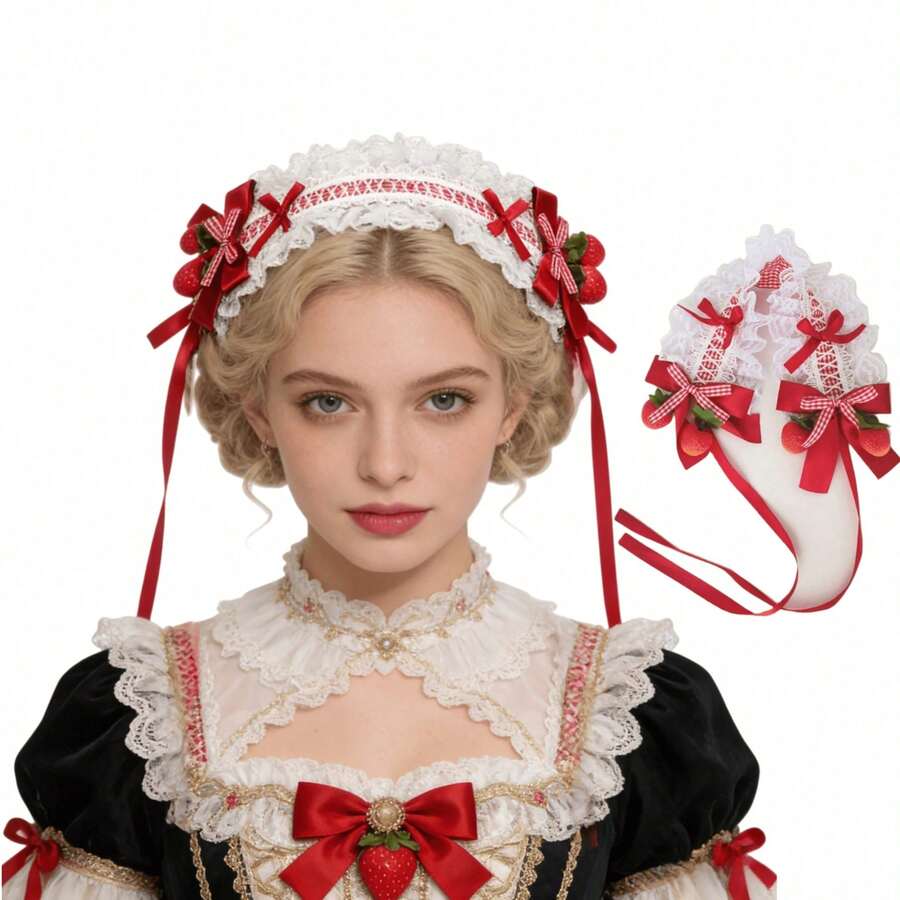 1件手工蕾丝花边草莓发箍，可爱针织蝴蝶结草莓冰淇淋发饰，适合女孩角色扮演、女仆装、洛丽塔时尚，红色 - 彩色 - 查看 1