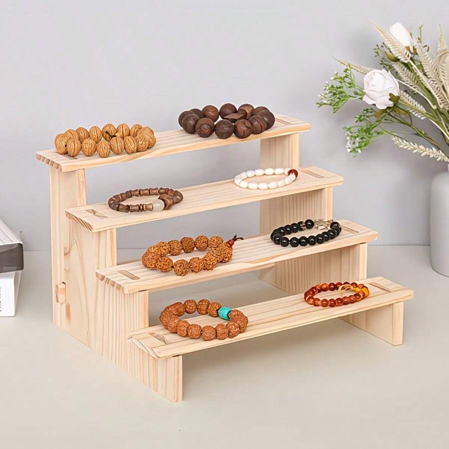 1pc Wooden Figurine Display Rack, Blind Box Doll Stand, Jewelry Holder, Antique Collection, Stone Display Rack, Bracelet Accessory Stand, Perfume Rack, Jewelry Display Shelf - Wood Color - View 1