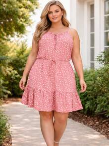 Plus Size Dress With Thin Straps, Duna Brand, All-Over Floral Print, Gathered Hem With Ruffle, Perfect For Vacation. - Rose Print - View 5