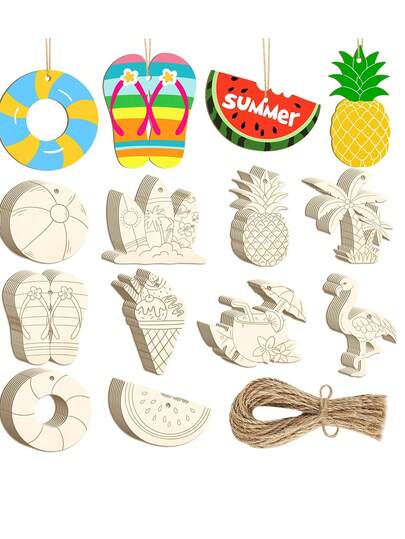 60 món đồ trang trí mùa hè bằng gỗ chưa hoàn thiện, 10 kiểu dáng tự làm, hình silhouette bãi biển bằng gỗ chưa sơn, thích hợp cho đồ thủ công, trang trí treo, bao gồm dưa hấu, ván lướt sóng, dép xỏ ngón, cây cọ, quà tặng trang trí nhà cửa, quà tặng tiệc tùng, quà tốt nghiệp, trang trí sân vườn, 2 món = 1 dây + 1 mảnh gỗ