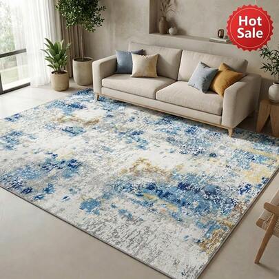부드러운 인조 양모 러그 - 플러시 로우 투 미디엄 파일, 발밑이 편안함 | 스카이 블루, 크림 및 무광 골드 추상 수채화 스타일 패턴, 중성 베이스 | 털 빠짐 적고 관리하기 쉬운 패브릭, 거실/침실/홈 오피스 또는 미니멀리스트 공간에 적합 | 모던, 일본 미니멀리스트 및 현대 인테리어 디자인과 잘 어울림 | 집들이, 예술 애호가 또는 실내 공간에 세련된 질감을 더하기에 좋음
