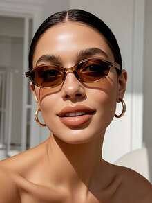 2025 Nuevo 1 pieza Gafas de mujer con marco ovalado pequeño personalizado, marco de estampado de leopardo, marco negro, marco tintado, gafas de moda adecuadas para atuendos, sesiones de fotos, temporada de regreso a clases - Gris - Ver 10