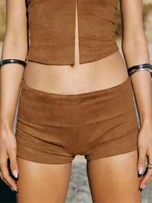 Women's Suede Micro Shorts Folding Waist Low Rise Skinny Mini Shorts Vintage Going Out Western Cowgirl Bottoms - 淺棕色 - 查看 4
